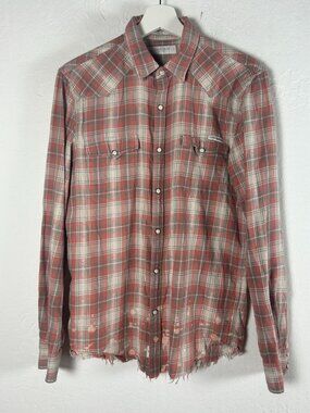 Lucky Brand Mens Shirt Small Red Plaid Cotton Snap Front Long Sleeve Classic Fit